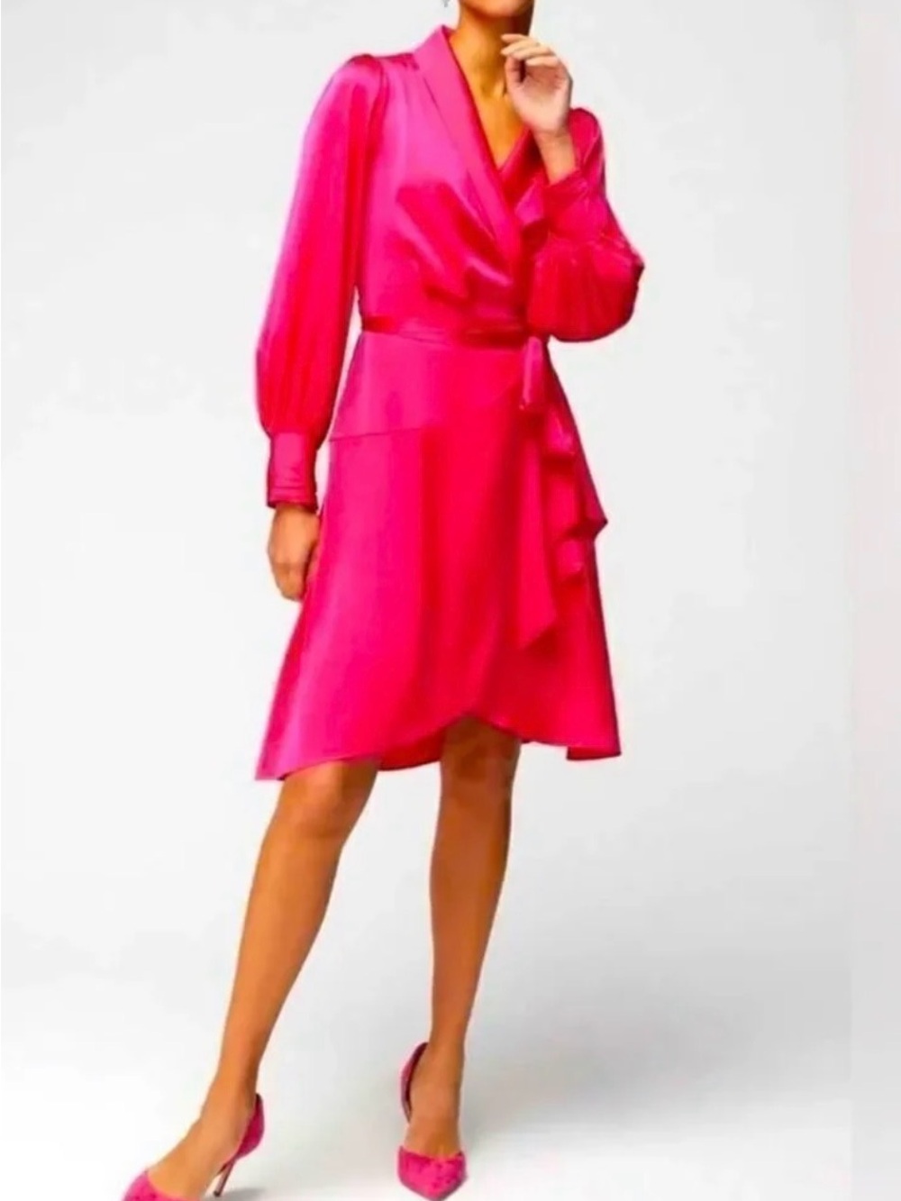 White House Black Market Hot Pink Long-Sleeve Wrap Dress